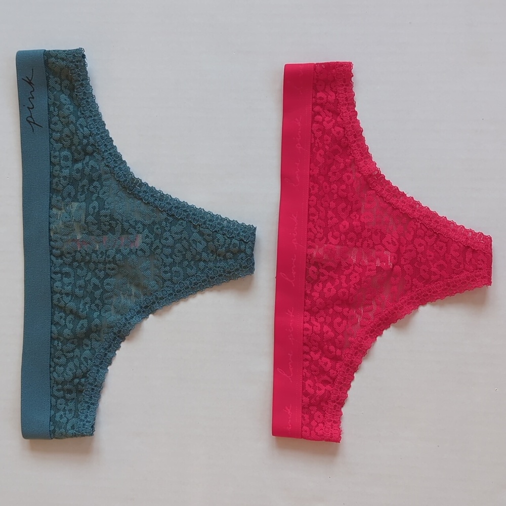 NEW (2) Pink Victoria's Secret Floral Thong Panties XS / S Green Red